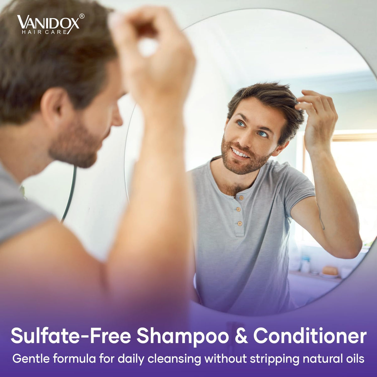 VANIDOX bottle staged in bathroom lifestyle setting suggesting daily grooming use