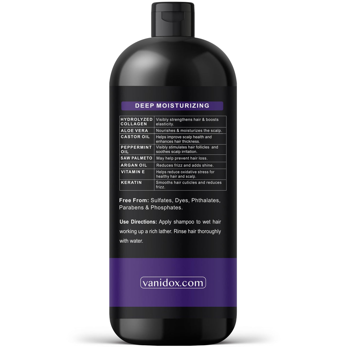 VANIDOX bottle next to common items showing 16 fl oz size and real-world scale