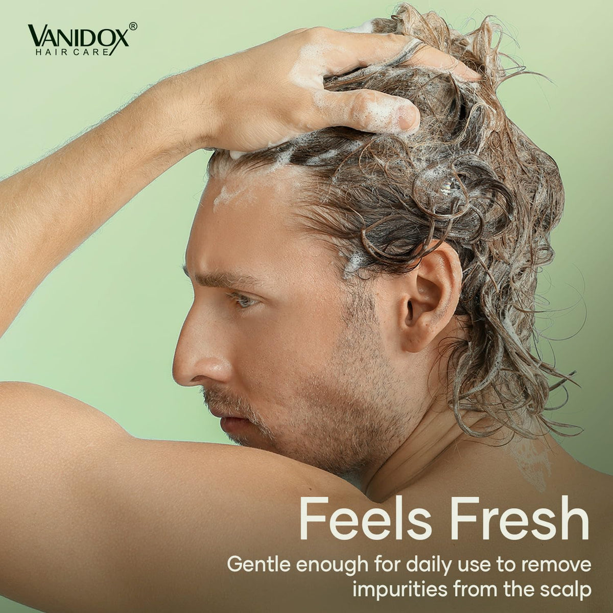 VANIDOX shampoo in bathroom scene suggesting refreshing scent