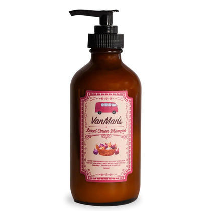 The VanMan Company front view of 8 oz glass shampoo bottle showing branding and clean design