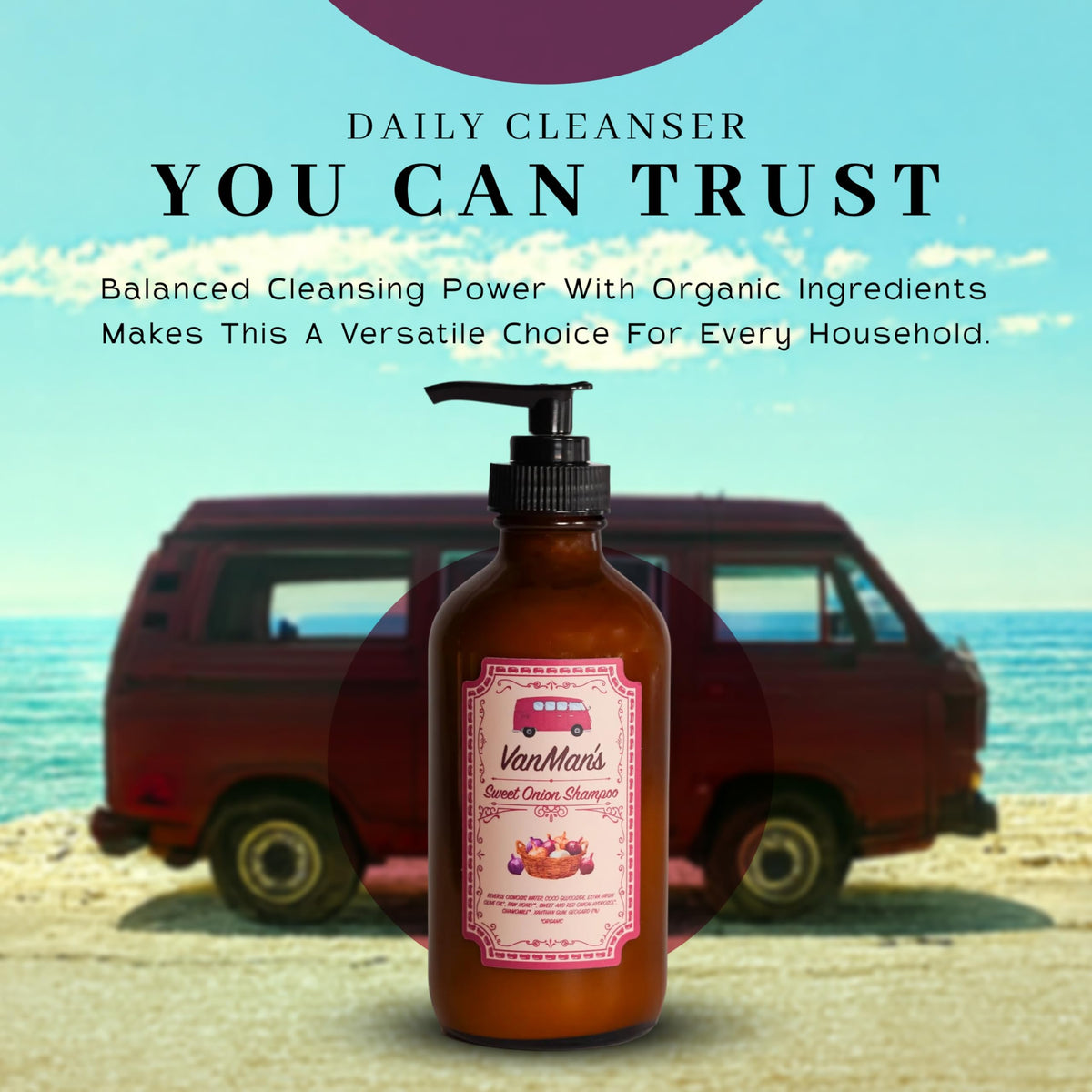 The VanMan Company recycled glass bottle detail emphasizing sustainable packaging benefit