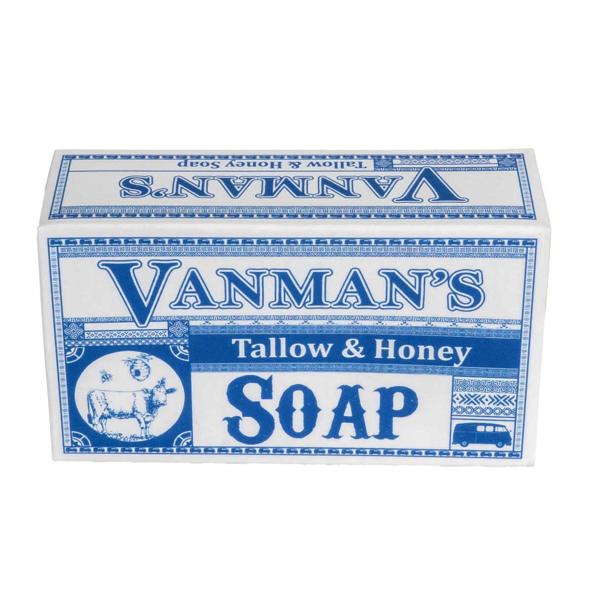 The VanMan Company front packaging showing the tallow and honey bar benefit moisturizing cleanse