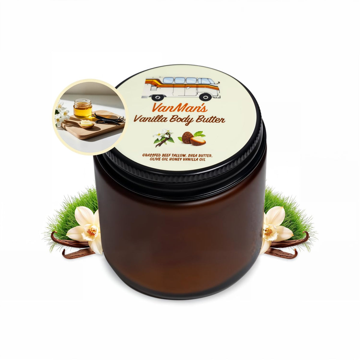 The VanMan Company jar front view showing label and size, highlights convenient travel jar