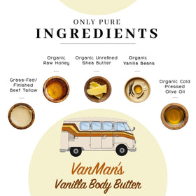 VanMan whipped tallow open jar showing fluffy vanilla‑colored texture, easy spread benefit