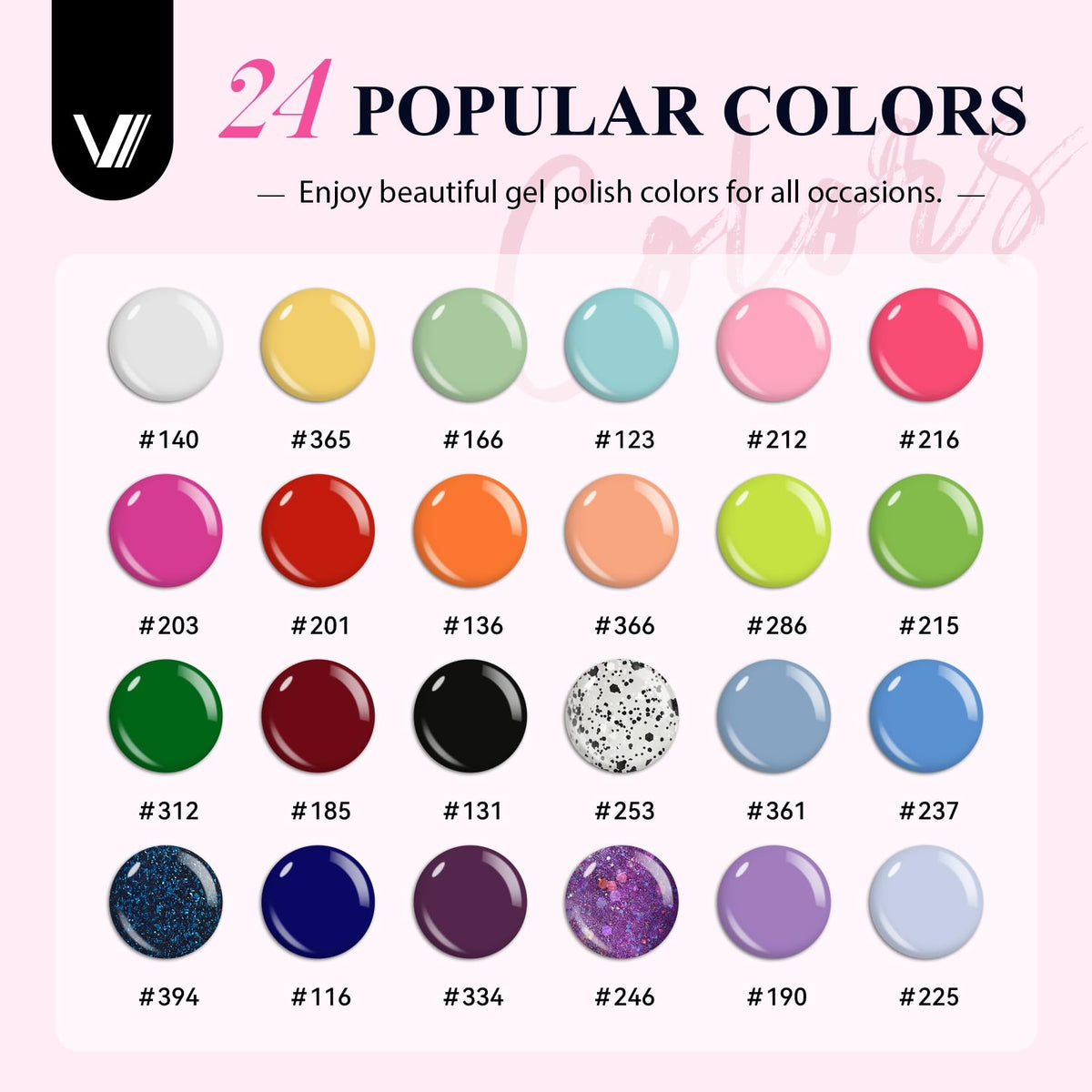 VANREESA 24 color gel polish array showing vibrant shade selection