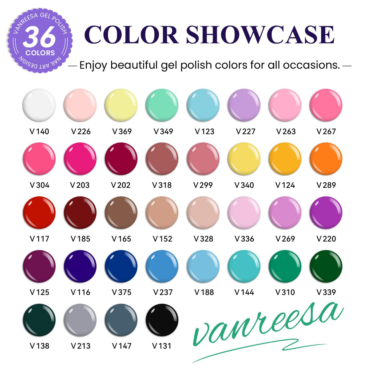 VANREESA 36-color gel bottles fanned out to show shade variety and choice