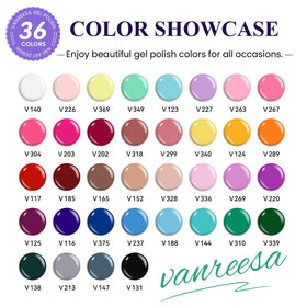 VANREESA 36-color gel bottles fanned out to show shade variety and choice