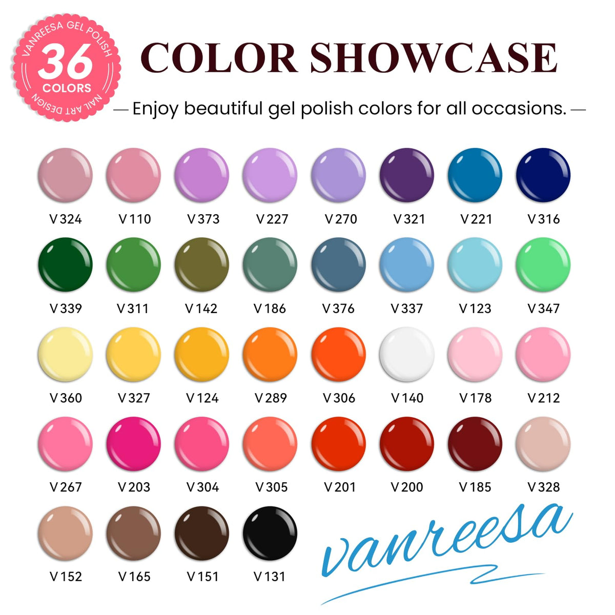 VANREESA display of 36 gel polish bottles offering variety
