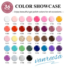 VANREESA display of 36 gel polish bottles offering wide color selection