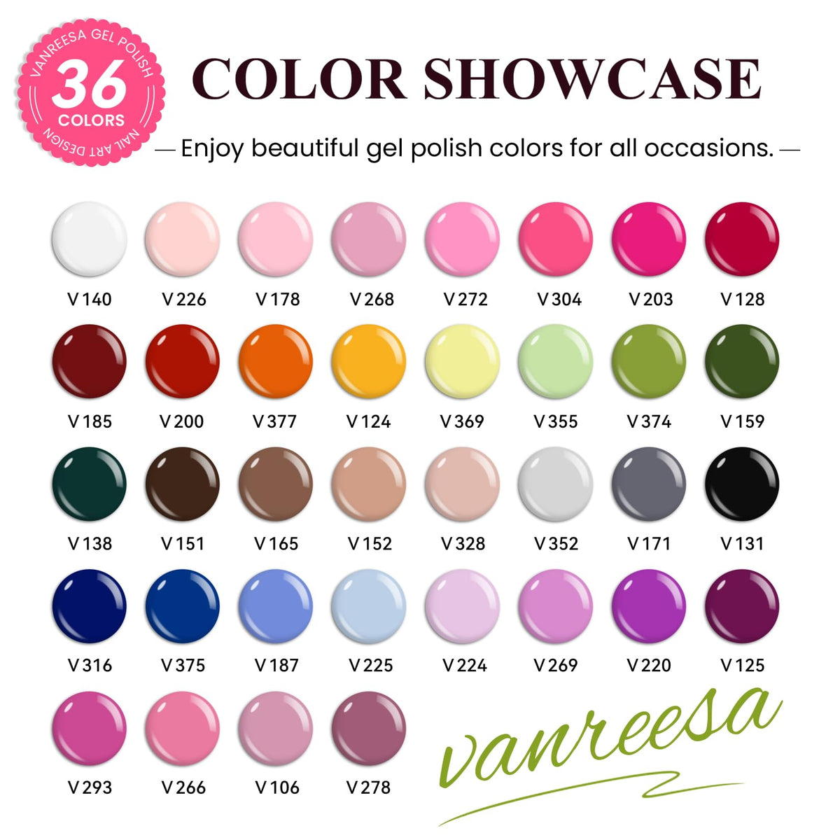 VANREESA close-up of 36 gel polish colors displaying variety and inspiration