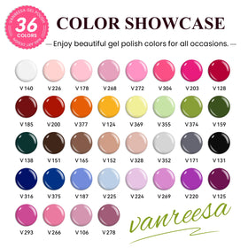 VANREESA close-up of 36 gel polish colors displaying variety and inspiration