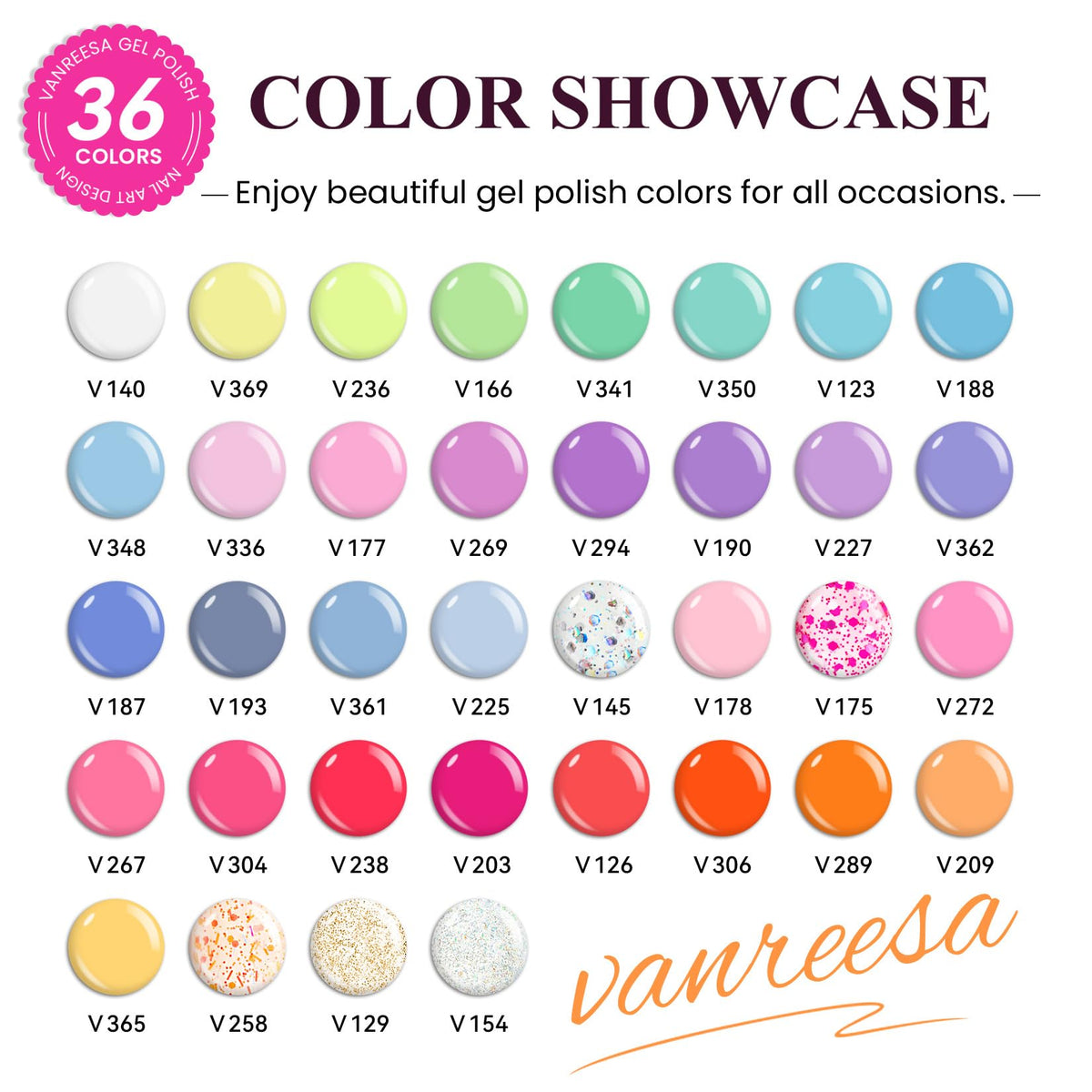 VANREESA color swatch board displaying 36 sweet shades for selection