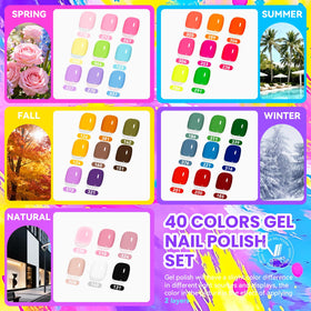 VANREESA open display of 40 gel polish bottles showing season-spanning color variety