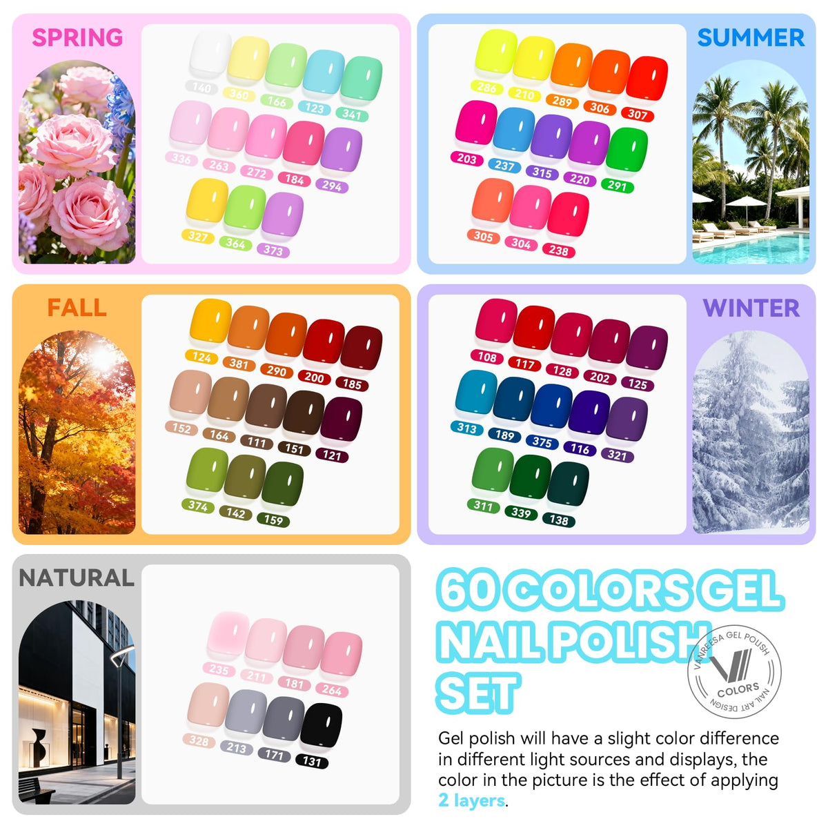 VANREESA 60 gel polish shades fanned out showing vibrant seasonal color options