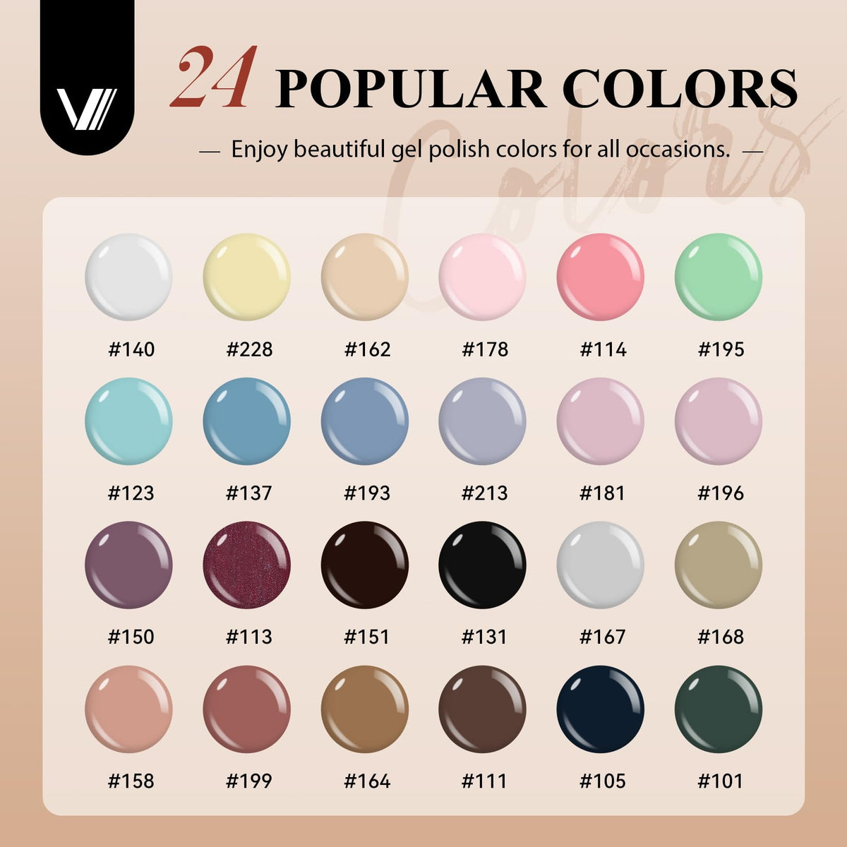 VANREESA color array flatlay of 24 vibrant gel bottles for easy shade selection benefit