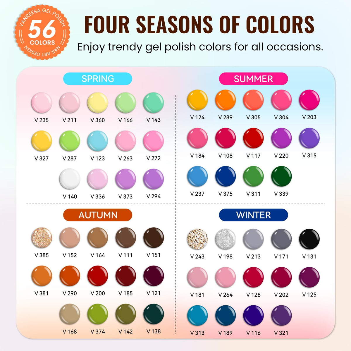 VANREESA wide color range display showcasing 56 gel polish shades