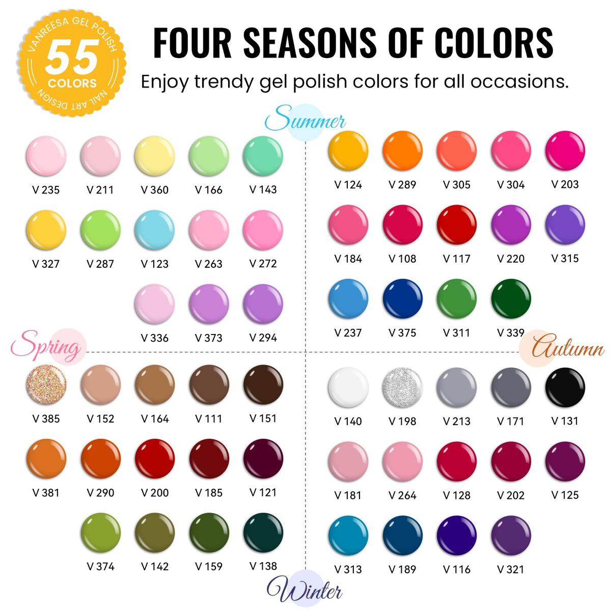 VANREESA close-up color swatch array illustrating seasonal shade range
