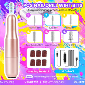 VANREESA nail drill with six bits showing versatile shaping and prep capability