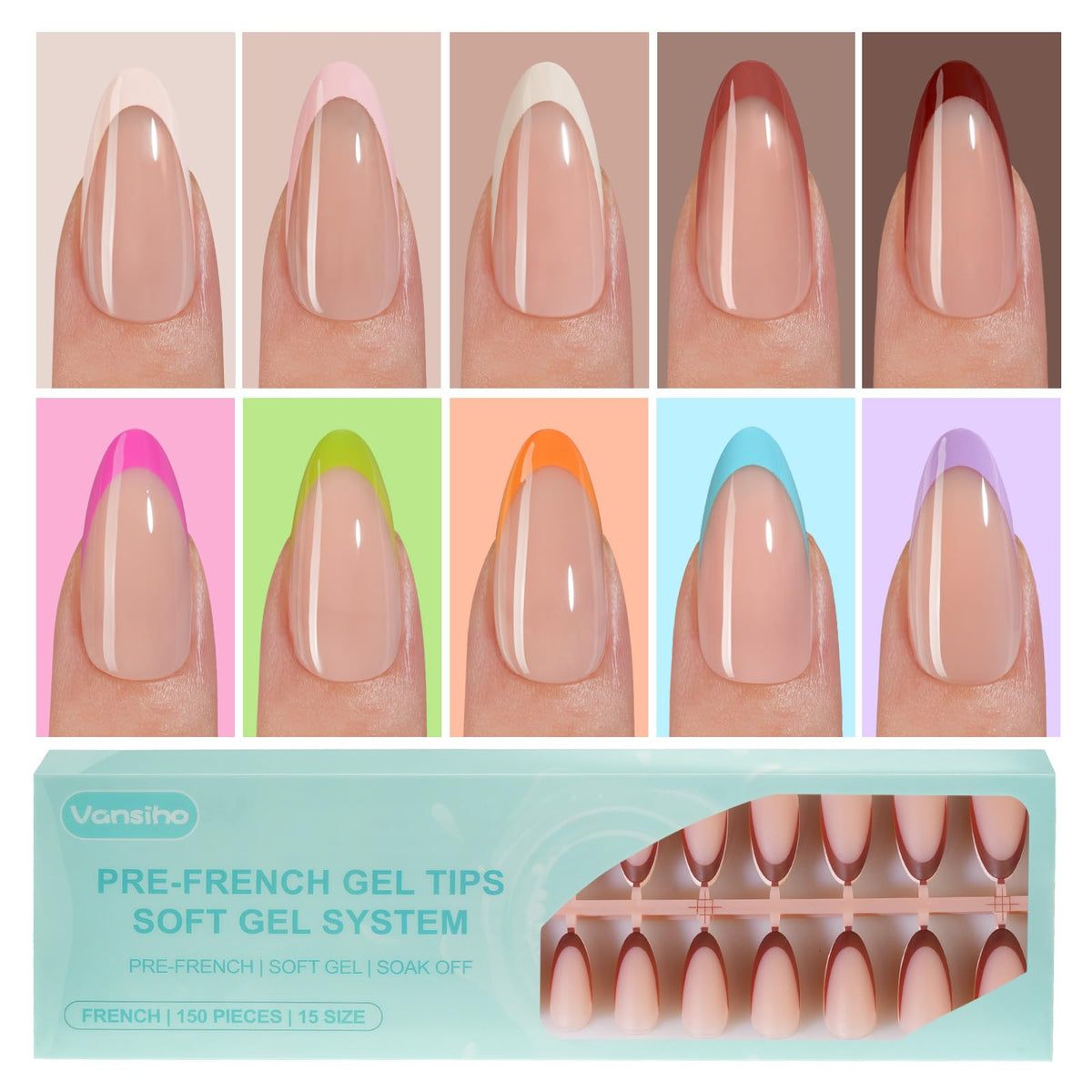 Vansiho front packaging showing full 300-piece French gel tip kit and convenience