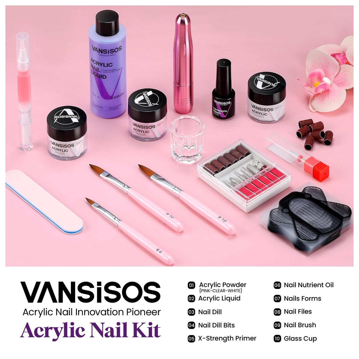 VANSISOS acrylic powder jars in clear white pink showing fine texture for smooth application