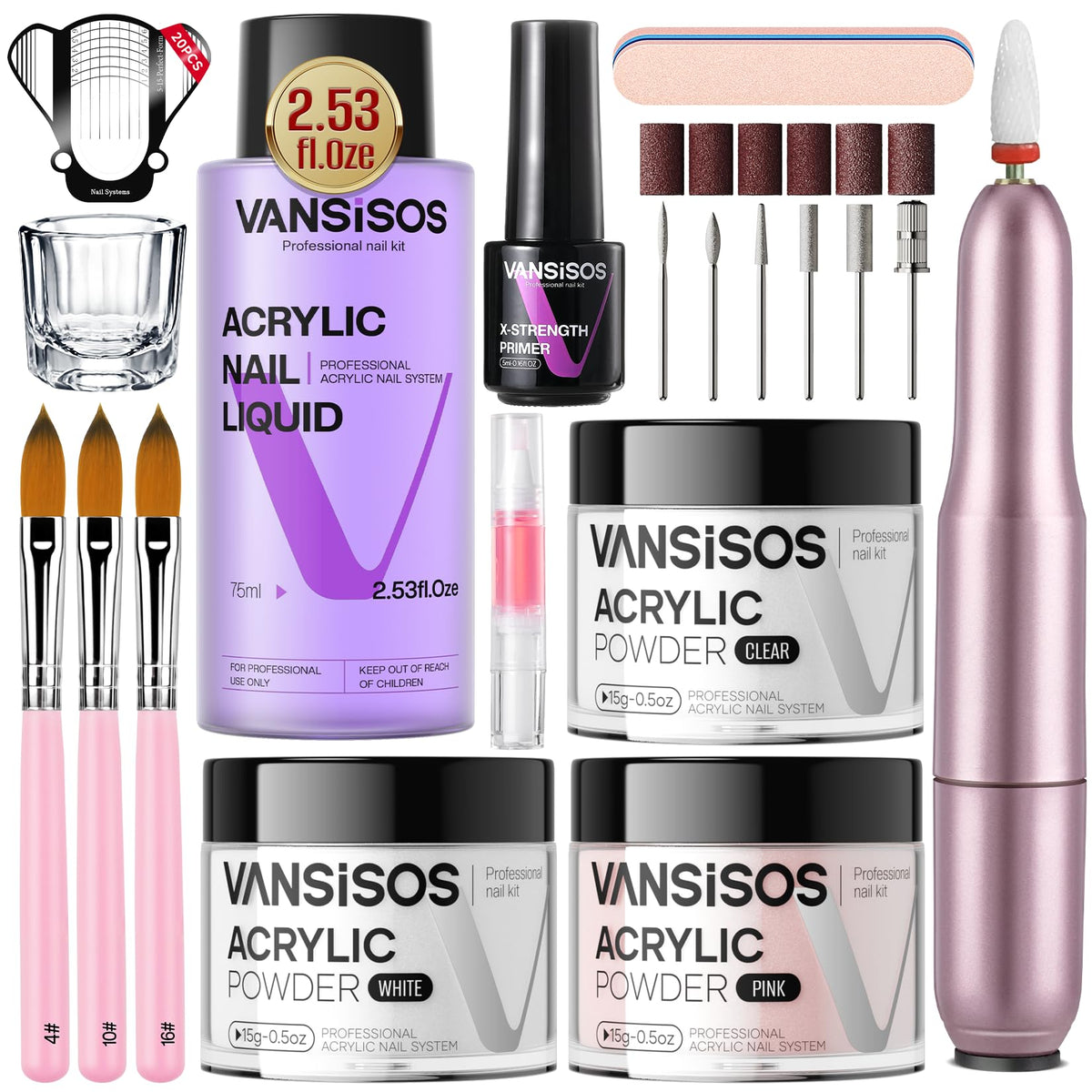 VANSISOS kit front packaging showing complete at-home acrylic set benefit convenience