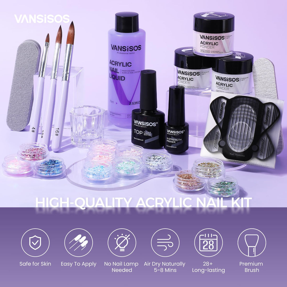 VANSISOS powders and 75ml acrylic liquid displayed for color choices and mixing