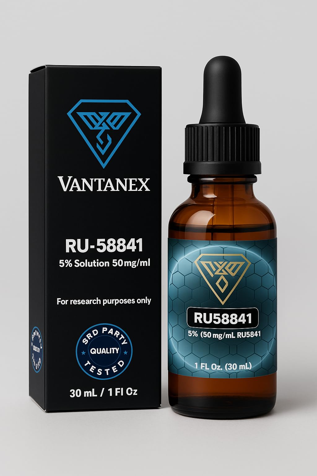 Vantanex amber glass bottle protecting solution from light and preserving potency