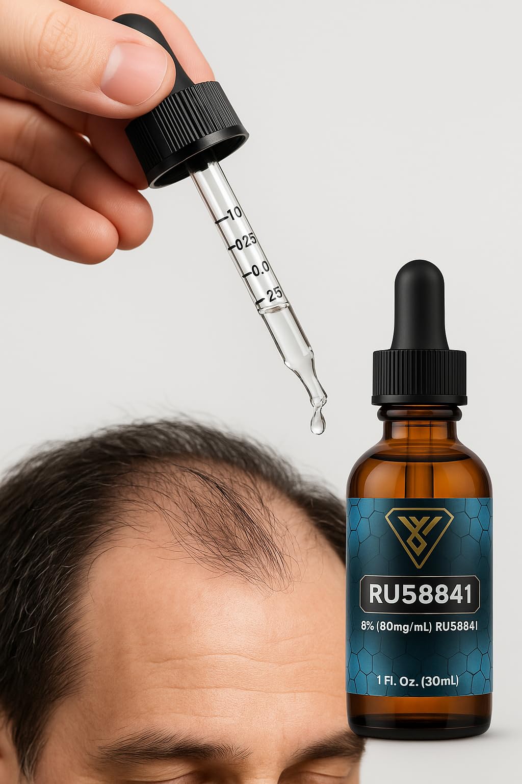 Vantanex dropper dispensing RU-58841 solution for precise scalp dosing