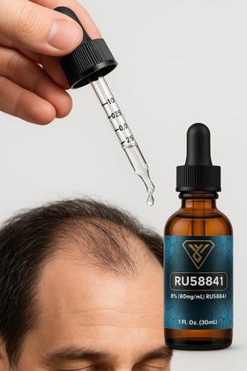 Vantanex dropper dispensing RU-58841 solution for precise scalp dosing