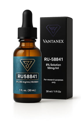 Vantanex RU-58841 bottle next to a ruler showing compact bottle size