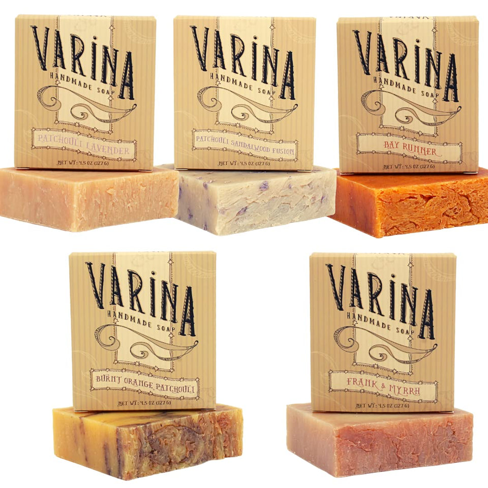 Varina front view of five patchouli soap bars highlighting variety and sustainable packaging