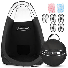 VARIPOWDER front view of pop-up spray tan tent showing full booth and entry, protects surfaces