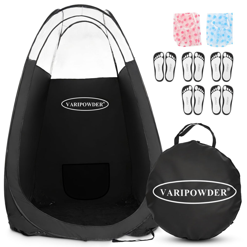 VARIPOWDER front view of pop-up spray tan tent showing full booth and entry, protects surfaces