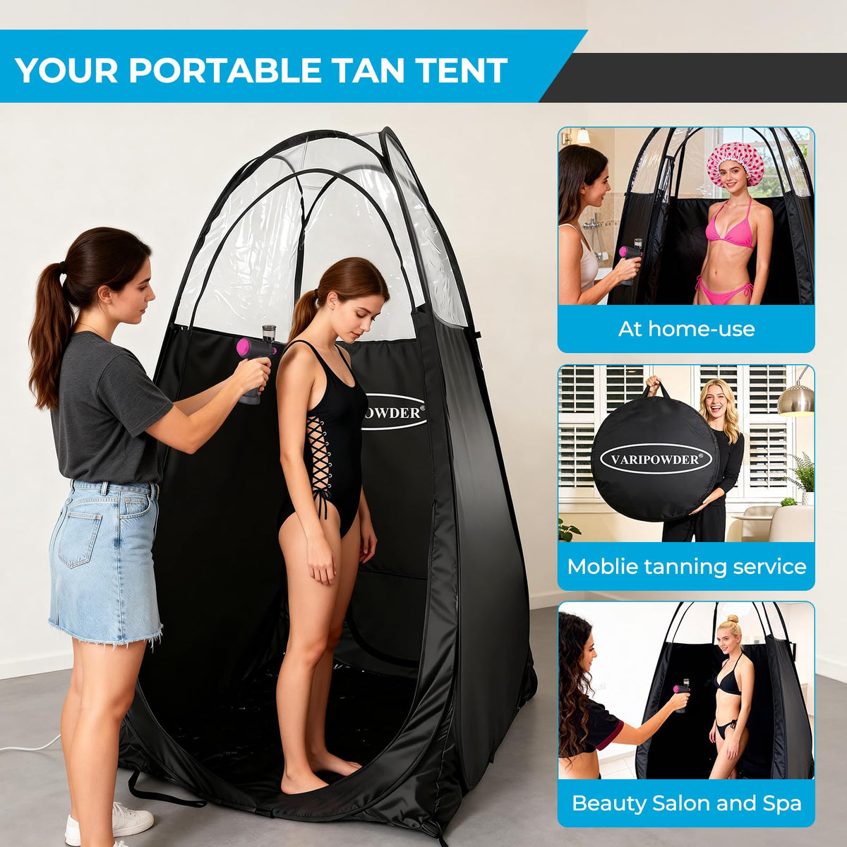 VARIPOWDER in-use at a salon with technician applying spray tan, enables neat sessions