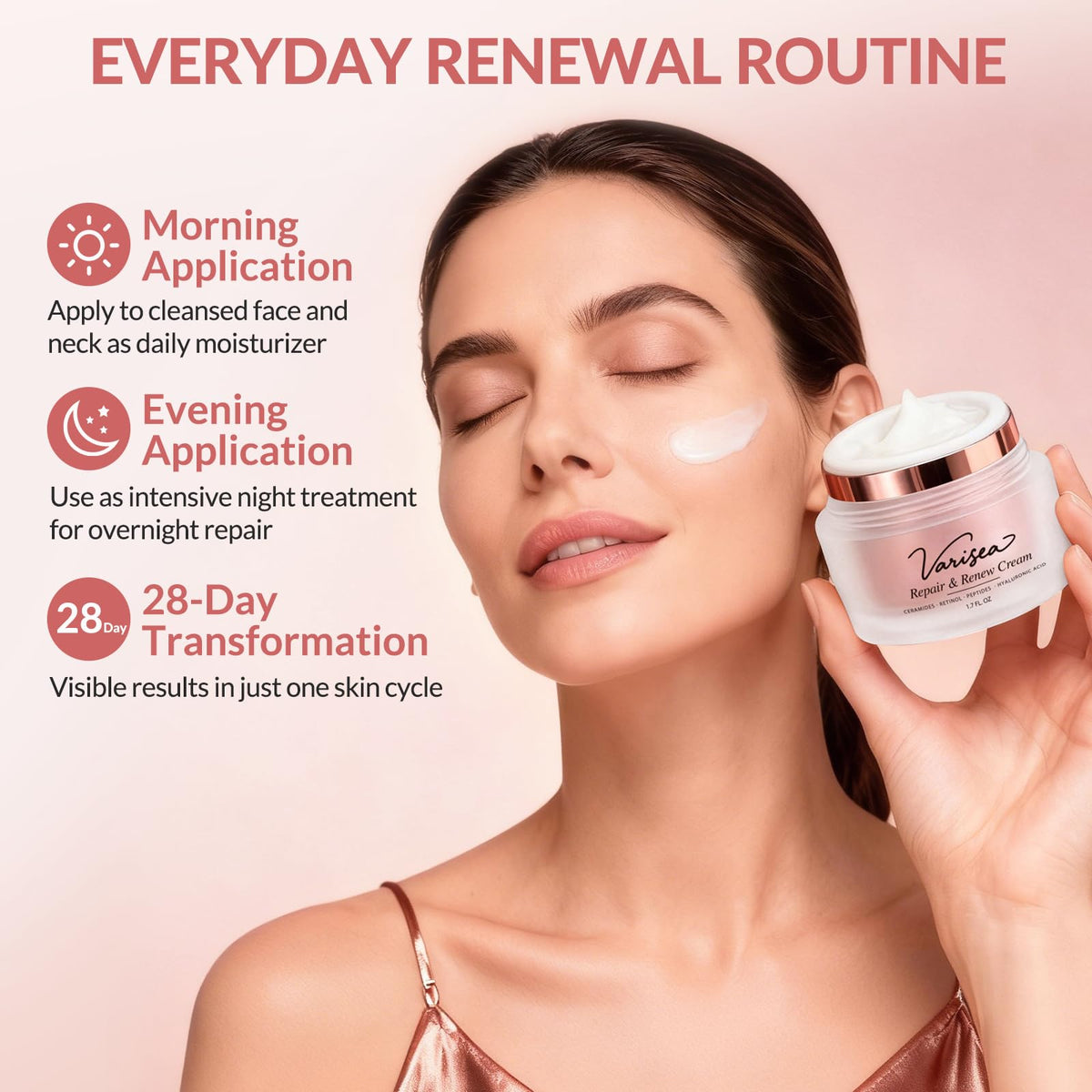 Applying Varisea retinol cream to face and neck for smoother skin