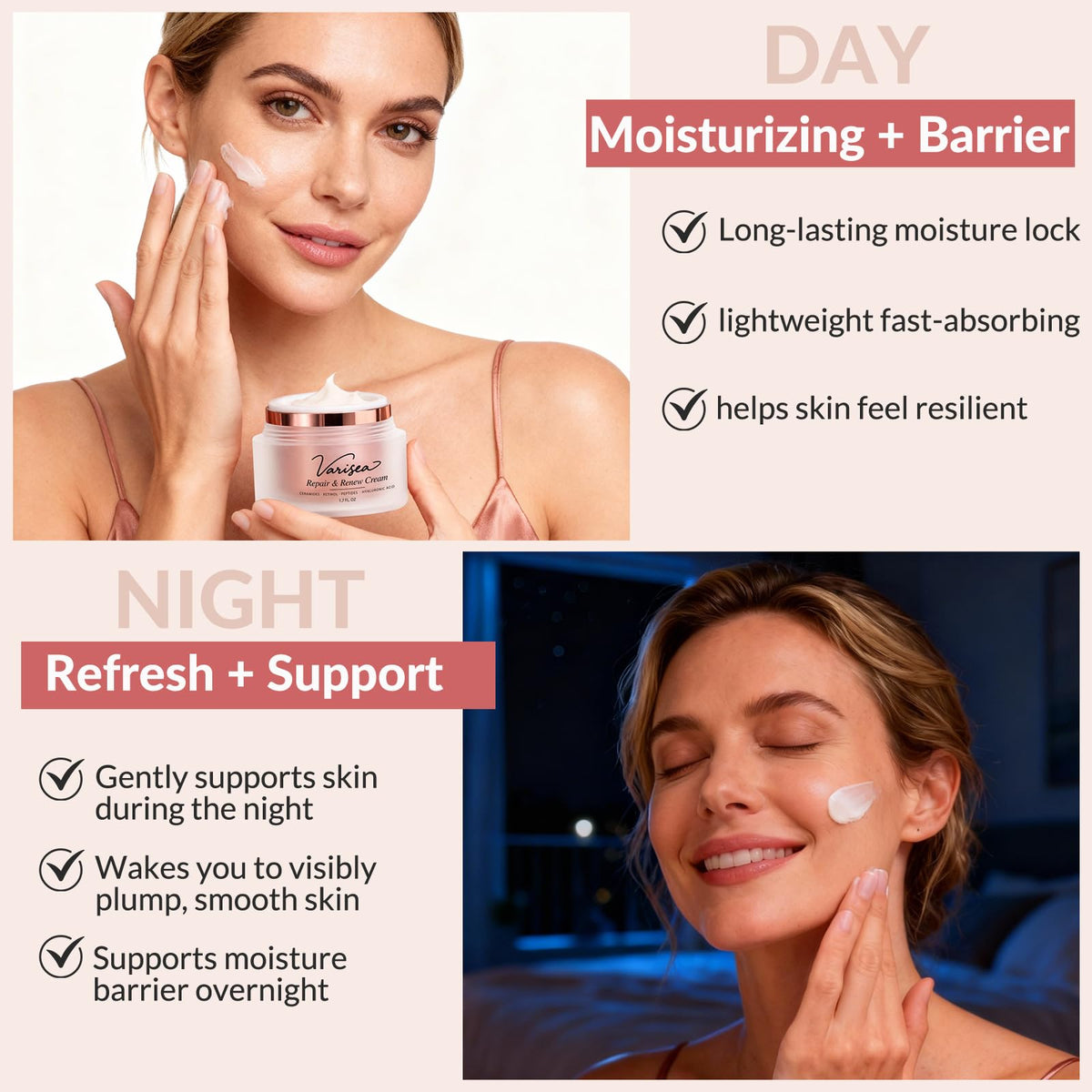 Close-up of Varisea label listing retinol, ceramides, peptides benefits