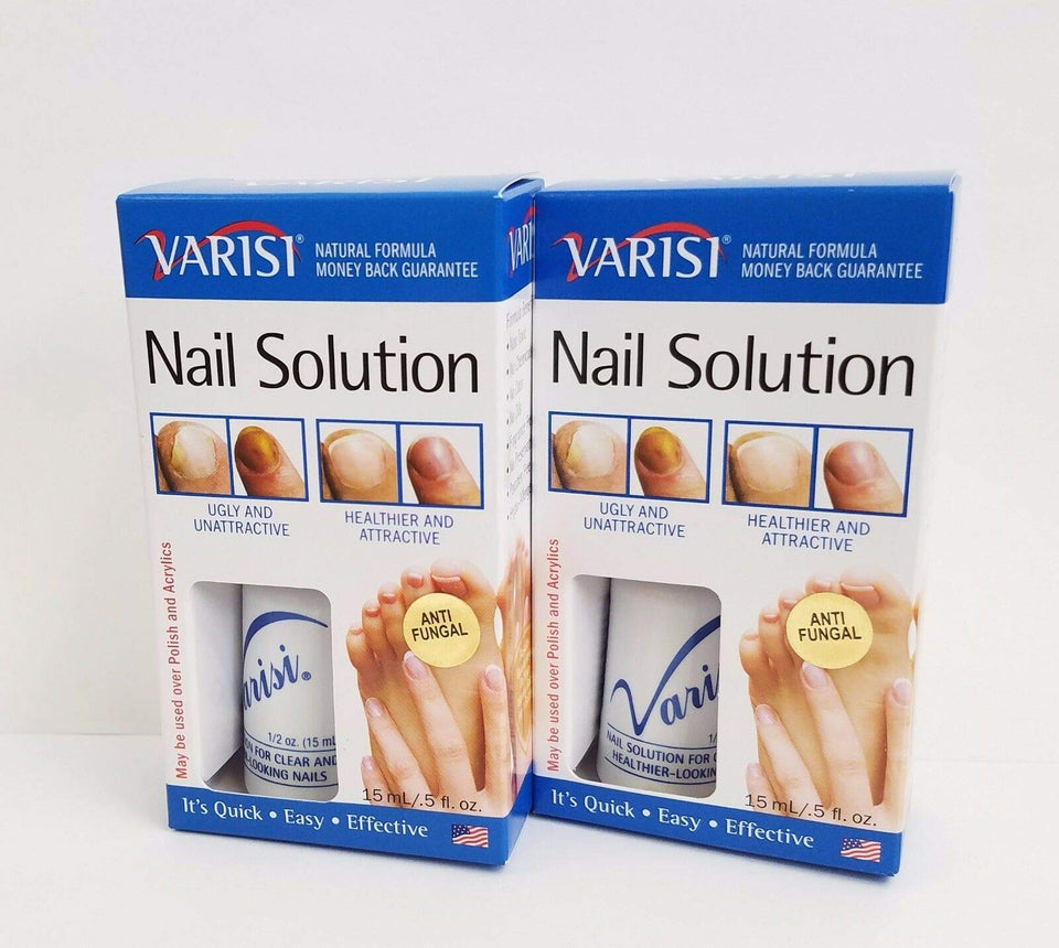 Varisi front packaging showing two 0.5 oz bottles, promotes neat nails