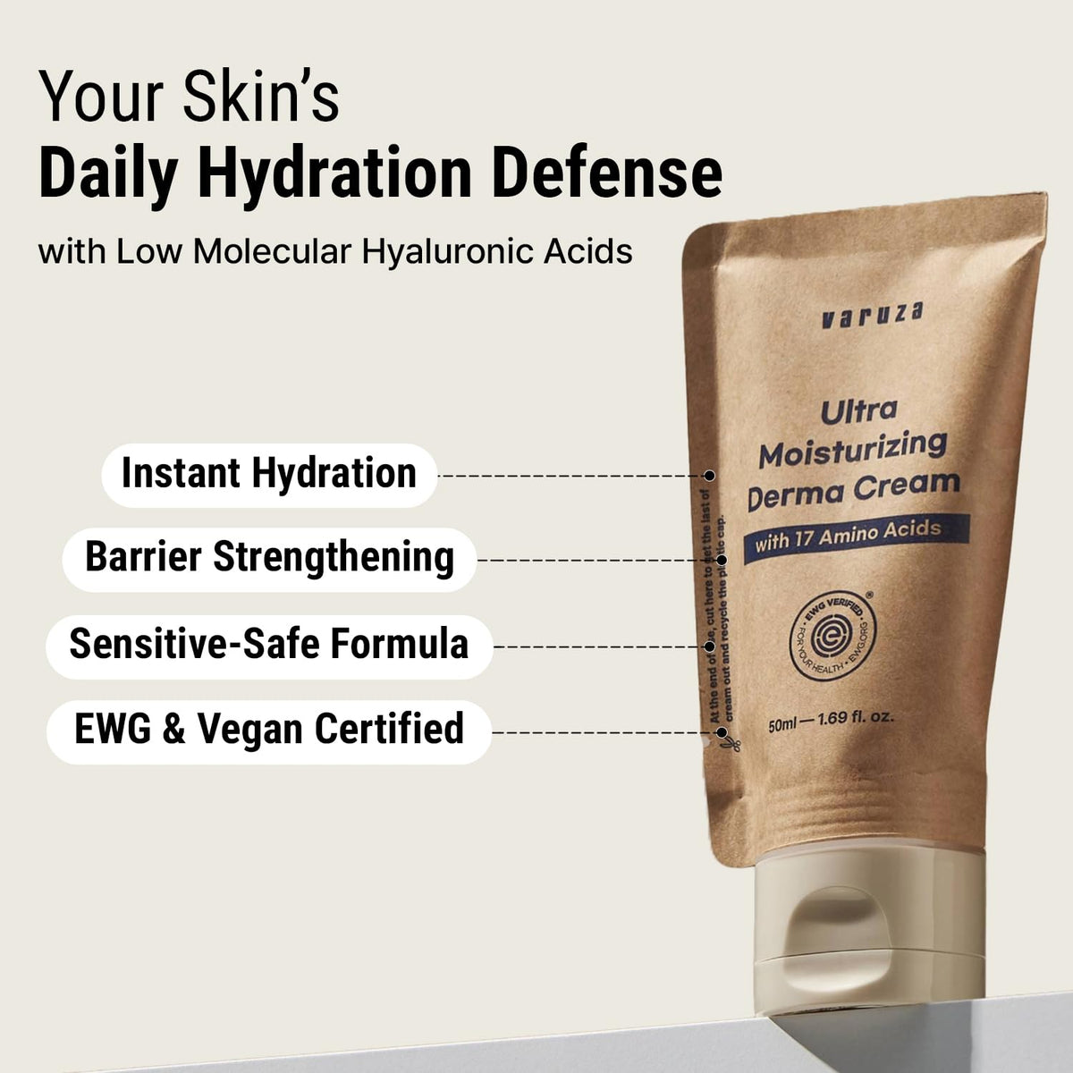varuza close-up of formula ingredients label, shows hyaluronic acid and amino acids
