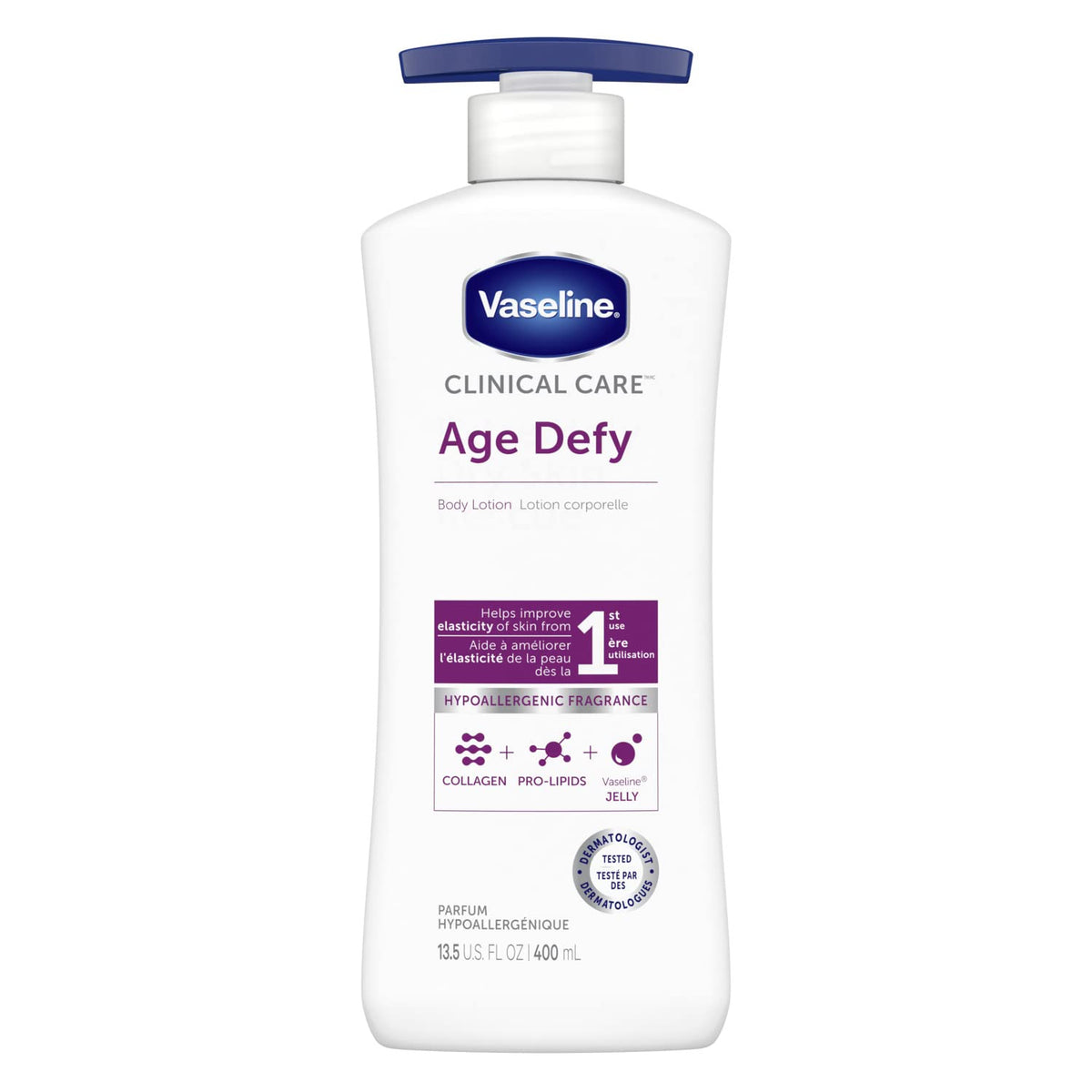 Vaseline front bottle showing label and easy-pour benefits