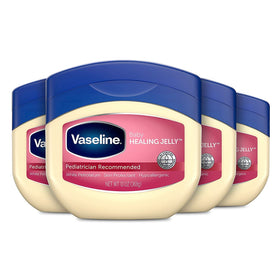 Vaseline front packaging showing four 13oz jars for gentle moisture