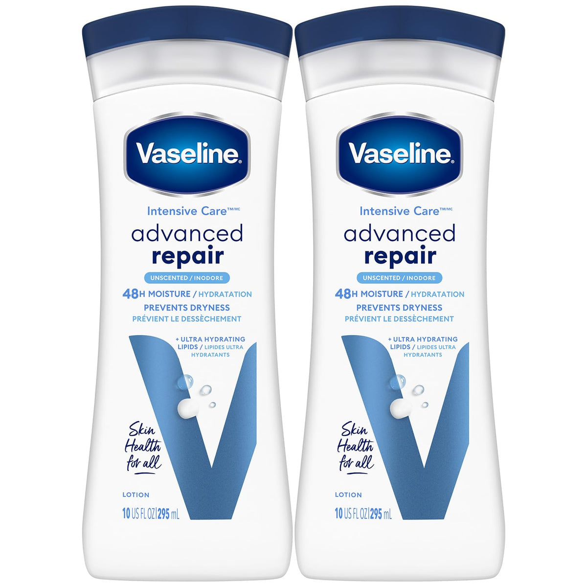 Vaseline front view of two 10 oz bottles showing packaging and value