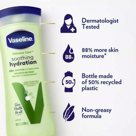 Vaseline bottle label detail emphasizing dermatologist-tested and non-comedogenic benefit