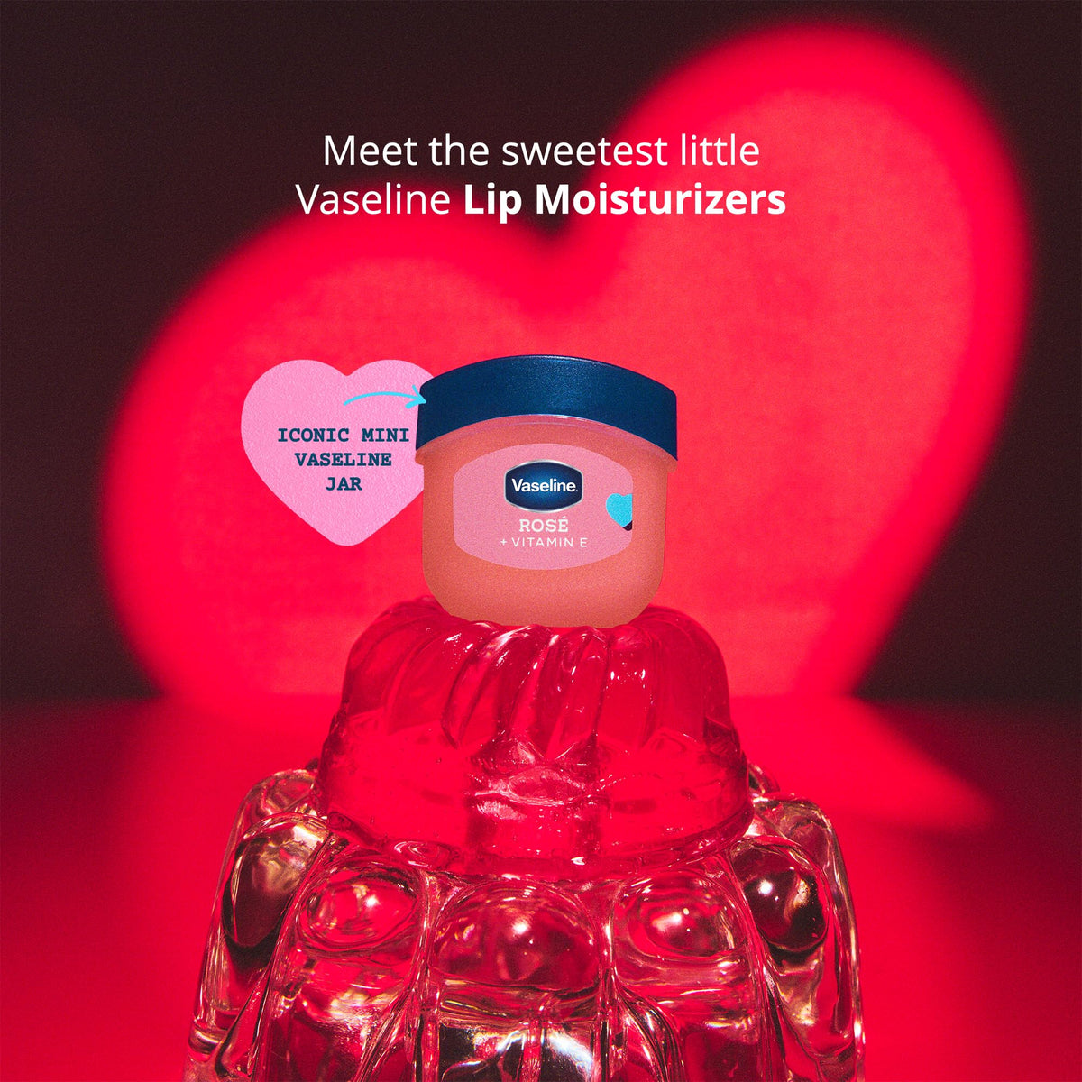 Vaseline balm texture close-up for Rosé, smooth glossy finish that hydrates lips