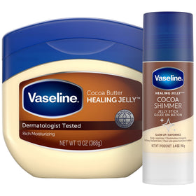 Vaseline jar front view showing cocoa butter label and hydration benefits