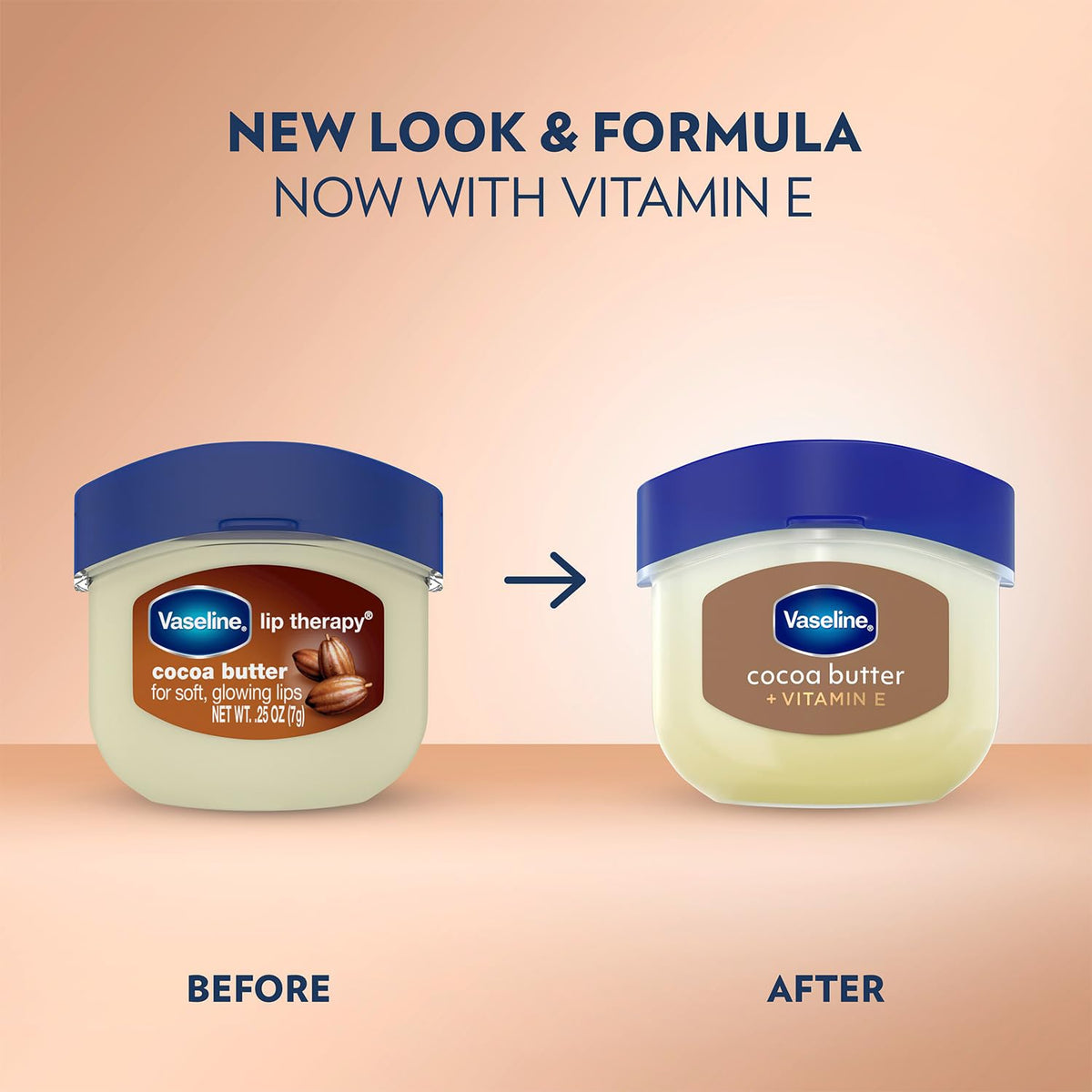 Vaseline lid label detail highlighting cocoa butter formula and clear branding