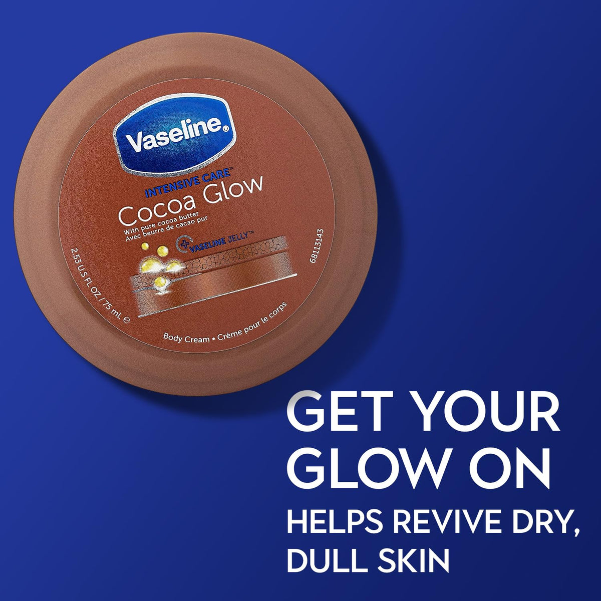 Vaseline closeup label highlighting cocoa butter and shea benefits