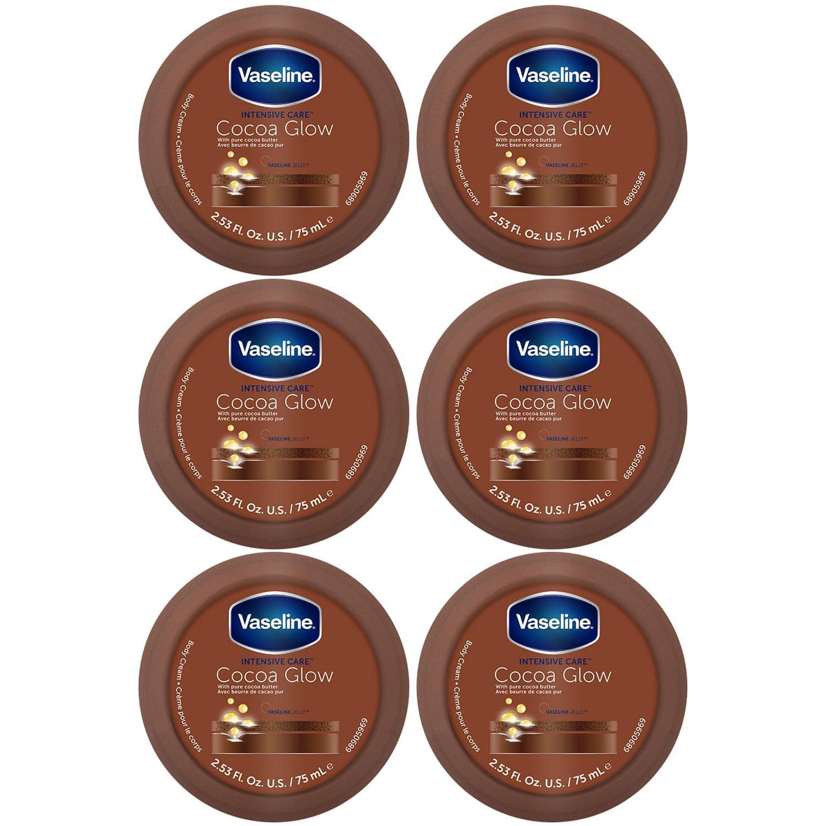 Vaseline front packaging showing six travel-size tubs and cocoa glow benefits