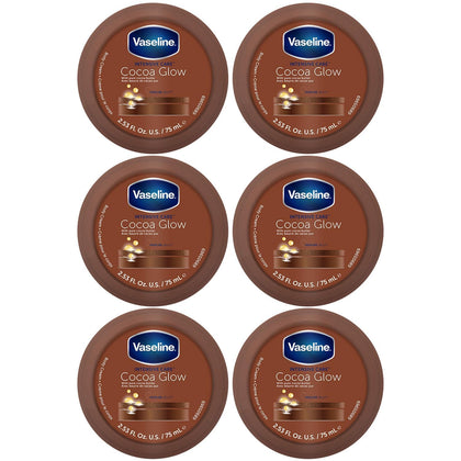 Vaseline front packaging showing six travel-size tubs and cocoa glow benefits