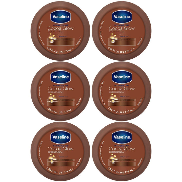 Vaseline front packaging showing six travel-size tubs and cocoa glow benefits