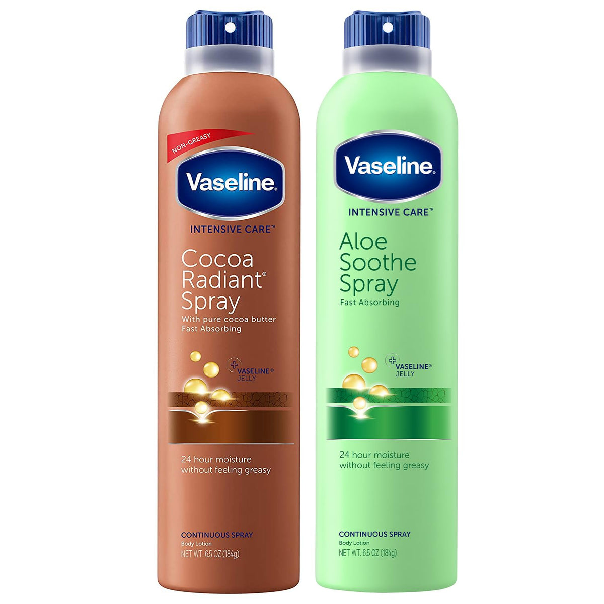 Vaseline front packaging of Cocoa Radiant and Aloe Soothe two-pack showing product benefits
